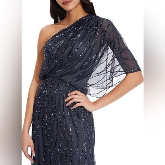Adrianna Papell - Long Sequins Beaded One-Shoulder Gown - Dusty Navy. Size: 18W - Picture 16 of 16